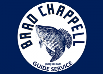 White circle with a navy drawing of a crappie and "Brad Chappell Guide Service" in navy letters 