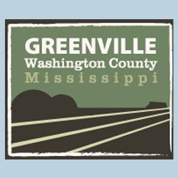 Green background with a black outline of a road and trees. The words "Greenville Mississippi" in white are written above