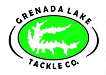 Bright green circle with an outline of Grenada Lake, with the words "Grenada Lake Tackle Co." written on the outside in black