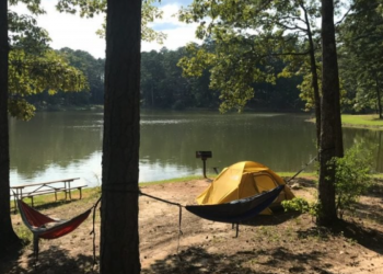 Tent and hammock lakeside at LeFleurs Bluff State Park 