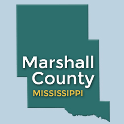 Light blue background with green outline of county and "Marshall County" written inside it