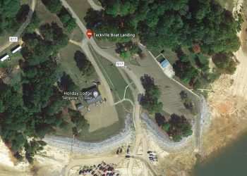 Aerial view of parking area with trees and Teckville Recreational Boat Ramp