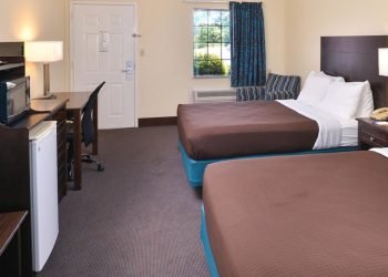 Room with two beds with brown and blue accents, a lamp, mini fridge, and microwave.