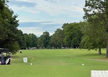 Golf course and green with white golf carts under a blue sky with white clouds. 