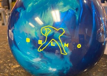 close up of Strike Zone blue and green bowling ball