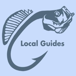 Gray Fishing Hook with a crappie head on light blue background with the words "Local Guides" near the point.