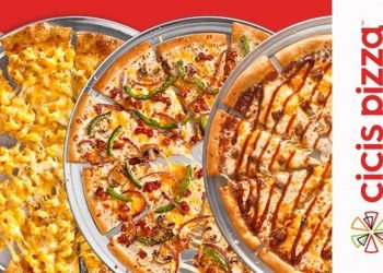 Close up of three CiCi's pizzas